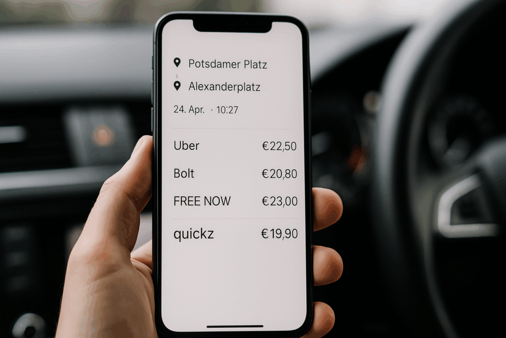 Ein Smartphone zeigt im Auto einen Preisvergleich verschiedener Fahrdienste mit quickz als günstigstem Anbieter. Symbolbild für die quickz Best-Preis-Garantie und faire Preise im Vergleich zu anderen Plattformen.